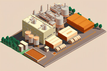 Aerial view of a modern food processing plant with stacks of packaged products, generative ai