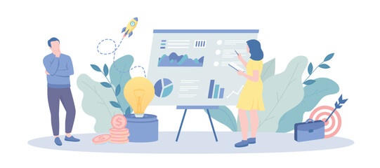 Business Idea Plan Strategy. New idea, thinking, innovation, creative idea for project, business, startup. working together in the company, brainstorming. Vector illustration with character situation