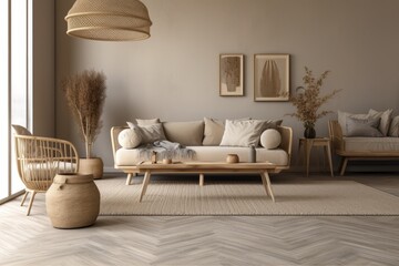 Gray beige hardwood living room mockup. Parquet, rattan, fabric sofa, wallpaper. Farmhouse decor,. Generative AI