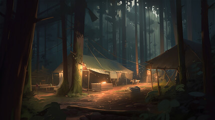 森林の中のテントで野営 | Camping in tents in the forest Generative AI