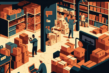 Cluttered Warehouse with Disorganized Pallets and Chaotic Workers, generative ai