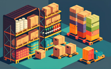 Colorful Warehouse with Rows of Shelves and Pallets of Goods, generative ai