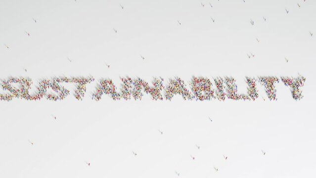 Group Of People Forming SUTAINABILITY Word Animation on a White Background.