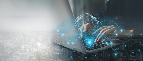 Bussiness hand using laptop , Concept of networking or remote work Global business network ,...