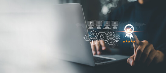 businessman working with computers  service Quality assurance, Guarantee, Standards, ISO .