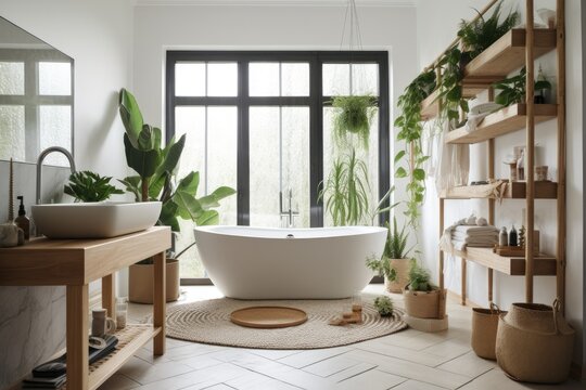 Modern white bathtub with wooden book shelf from above. Dream boho bathroom with panoramic window and green potted plants. Generative AI