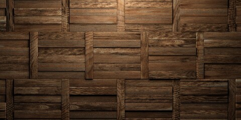 Rectangular arranged warm brown wood boards or planks randomly shifted surface background texture, empty floor or wall hardwood wallpaper