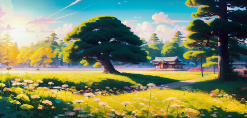 Tree on a Farm, a Breathtaking Japanese Nature Landscape Digital Art Detailed Generative AI Art Illustration