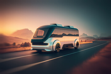 Futuristic self-driving cyber van on the road with motion blur and copy space for text. Modern, minimalist design, sustainable technology with artificial intelligence. Generative AI.