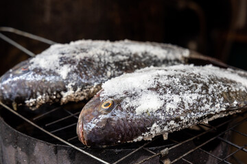 Salt crusted barbecue fish is popular street food in Thailand. The fish is masked with salt and...