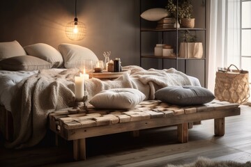 Fototapeta na wymiar Pouf and wood in warm natural bedroom with white cushions on bed and seat near candle lit table. Generative AI