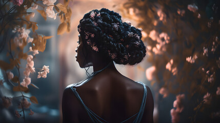 Black beautiful woman from behind in dress, Generative AI