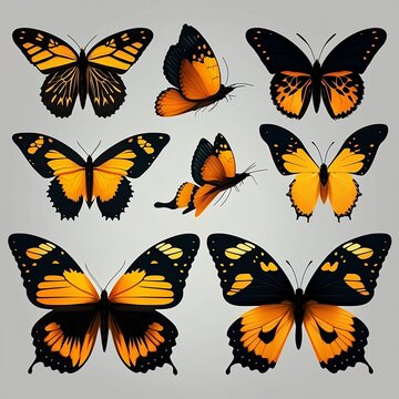 Set of very beautiful butterflies with color transitions isolated on a solid background.