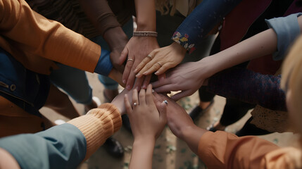 A group of people shaking hands in a circle, with a diverse mix of ages, genders, and ethnicities, symbolizing unity and teamwork