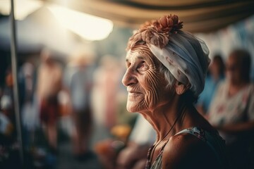Fototapeta premium Elderly woman with a kind smile at a vibrant farmers market