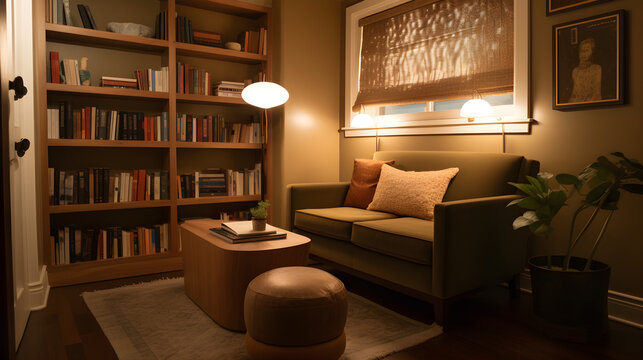 Image of a cozy reading nook, with comfortable seating and soft lighting