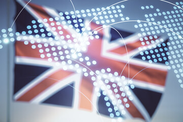 Abstract virtual world map with connections on flag of Great Britain and sunset sky background, international trading concept. Multiexposure