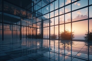 3d render of morning view to perspective glass building, Generative AI