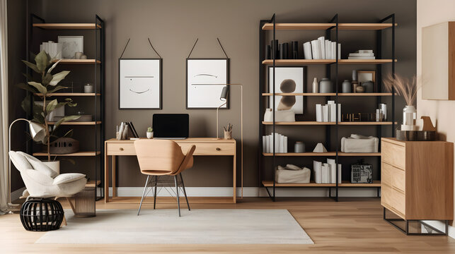 Image of a stylish home office, with a functional and organized workspace design