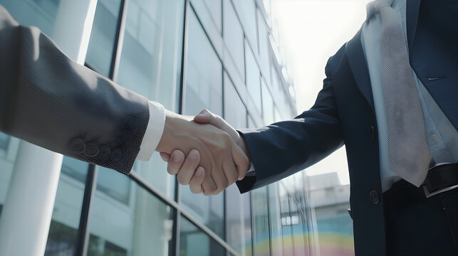 Two businesspeople shaking hands in front of a glass office building, with a warm and friendly expression