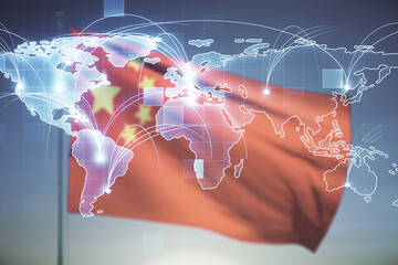 Abstract graphic digital world map hologram with connections on Chinese flag and blue sky...