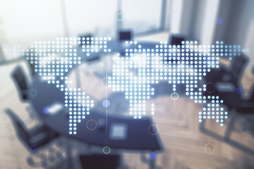 Multi exposure of abstract creative digital world map hologram on a modern conference room background, tourism and traveling concept