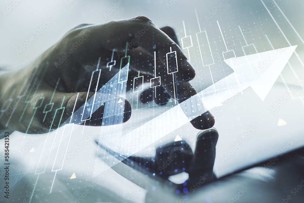 Poster Double exposure of abstract creative financial diagram with upward arrow and finger clicks on a digital tablet on background, growth and development concept