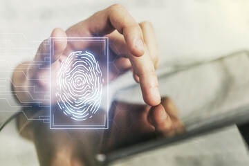 Abstract creative fingerprint illustration with finger clicks on a digital tablet on background, personal biometric data concept. Multiexposure