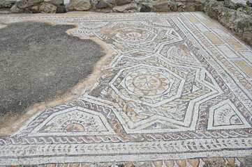Floor mosaics at the ancient Phoenician and Roman archeological site of Nora, Pula, in the south of...