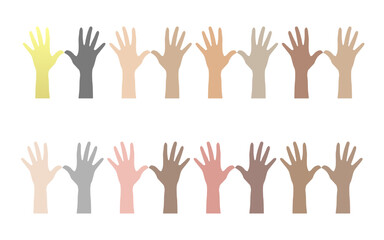 Colorful up hands. hands sign. skin tone.