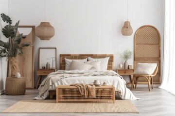 Fototapeta na wymiar Bedroom mockup with rattan furniture and blank wall, coastal style,. Generative AI