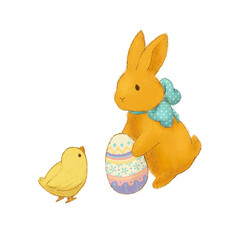 Cute bunny with a big colorful Easter egg next to a chick hand drawn illustration with transparent background