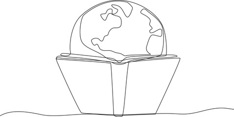 Single one-line drawing of a book and world. World book day concept. Continuous line drawing design graphic vector illustration.