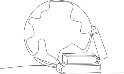 Single one-line drawing of a pile of books with the world next to it. World book day concept. Continuous line drawing design graphic vector illustration.