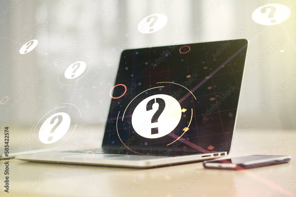Aufkleber creative abstract question mark sketch on modern laptop background, faq and research concept. double