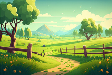 country road  nature scene of forest  And a big tree in the middle cartoon illustration style 