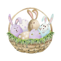 Watercolor hand drawn Easter celebration clipart. Basket with painted eggs, grass, bunnies, pastel color. Isolated on white background Design for invitations, gifts, greeting cards, print, textile