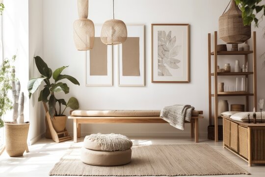 Sunshine living room with wooden bench, commode, bamboo ladder, mock up poster frame, vases, sculptures, carpet, and stylish accessories. coziness. Template. Generative AI