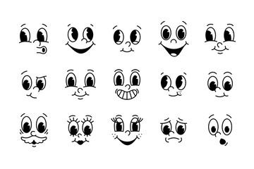 Vector face set for creator of cartoon retro mascot, logo and branding. Eye and mouth elements. Vintage style 30s, 40s, 50s old animation. The clipart is isolated on a white background.