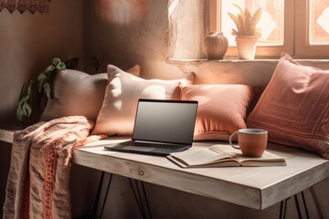 Laptop with cushions and linens. Boho house decor with warm wall shadows. Space mockup. Blogger, freelancer business idea. Generative AI