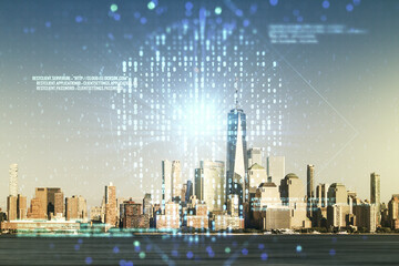 Fototapeta na wymiar Abstract virtual code skull illustration on New York city skyline background. Hacking and phishing concept. Multiexposure