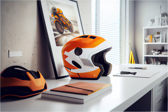 Orange with white and pastel orange stripes motorcycle helmet with opened visor