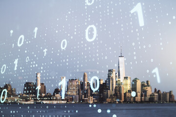 Double exposure of abstract virtual binary code hologram on New York city skyscrapers background. Database and programming concept