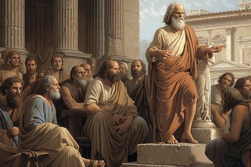 digital illustration of Socrates preaching philosophy in Athens, detailed Parthenon, earthy tones, solemn atmosphere, intense. generative ai - obrazy, fototapety, plakaty