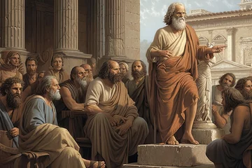 Fotobehang digital illustration of Socrates preaching philosophy in Athens, detailed Parthenon, earthy tones, solemn atmosphere, intense. generative ai © Kristian