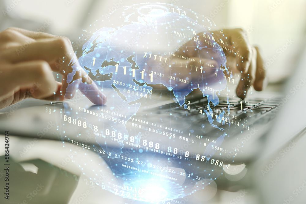 Poster double exposure of abstract programming language hologram with world map and hands typing on laptop 