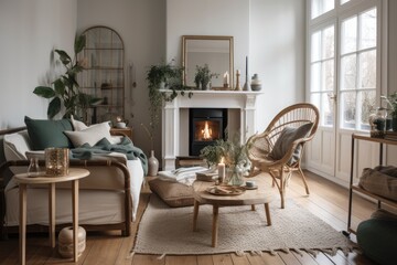 Hygge living room with cushions on rattan armchair and white knitted blanket on wood chair. Glass table, breakfast tray, green branch, and ceramic vase against beautiful fireplace. Generative AI