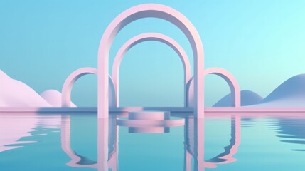 Obraz na płótnie Canvas Abstract panoramic background. Fantastic scenery with calm water, simple geometric arches and pastel blue gradient sky. Generative AI.
