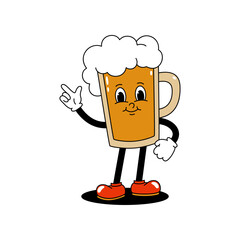 Vector cartoon retro mascot color illustration of a walking glass of beer. Vintage style 30s, 40s, 50s old animation. The clipart is isolated on a white background. - 585425517