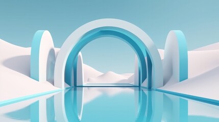 Obraz na płótnie Canvas Abstract panoramic background. Fantastic scenery with calm water, simple geometric arches and pastel blue gradient sky. Generative AI.